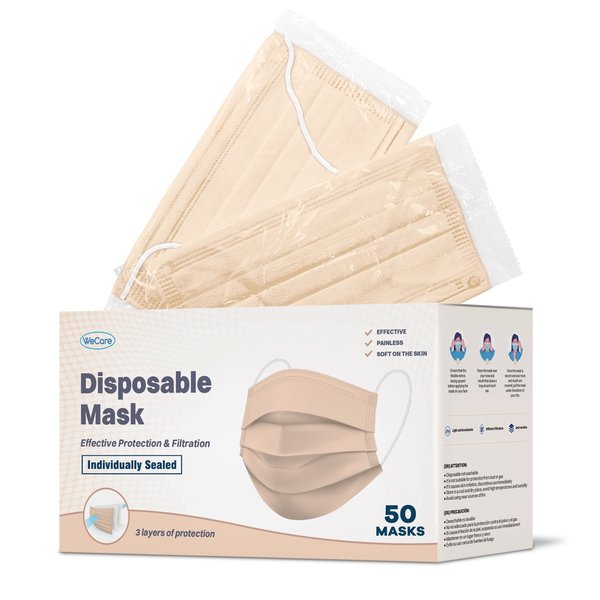 Wecare Individually Wrapped Face Masks, Nude, 50PK WC-WMN100023-ND-FACE-MASK-50PK-1